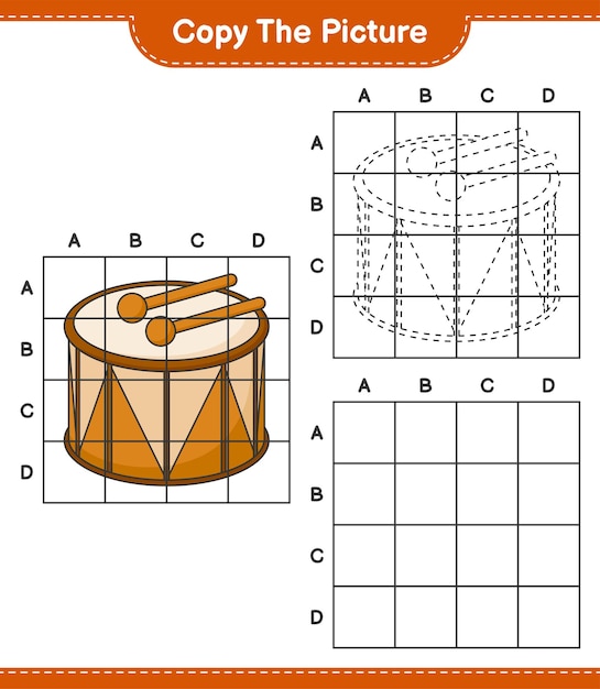 Copy the picture copy the picture of Drum using grid lines Educational children game printable worksheet vector illustration