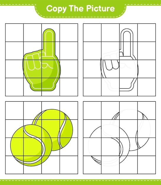Copy the picture, copy the picture of Foam Finger and Tennis Ball using grid lines. Educational children game, printable worksheet, vector illustration