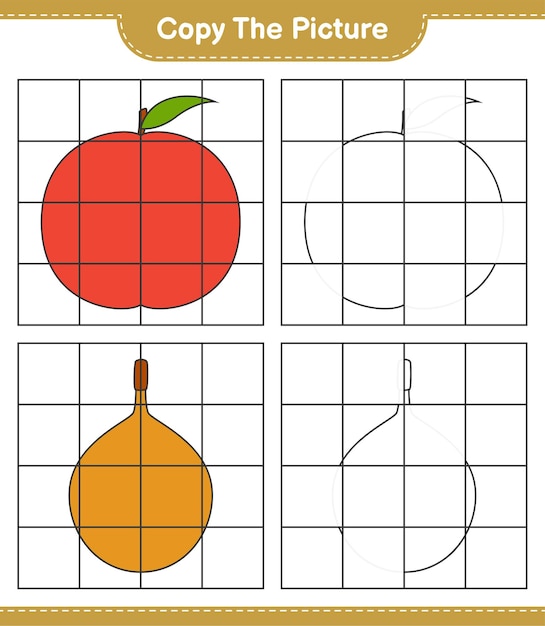 그림을 복사하고 격자 선을 사용하여 과일 그림을 복사합니다. 교육용 어린이 게임, 인쇄 가능한 워크 시트