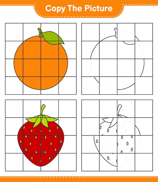 Copy the picture, copy the picture of Fruits using grid lines. Educational children game, printable worksheet 