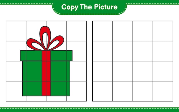 Copia l'immagine, copia l'immagine delle confezioni regalo usando le linee della griglia. gioco educativo per bambini, foglio di lavoro stampabile