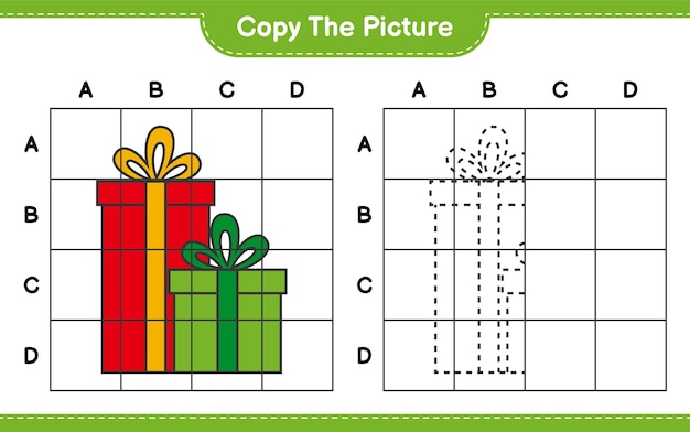 Скопируйте изображение, скопируйте изображение подарочных коробок, используя линии сетки. Развивающая детская игра, лист для печати