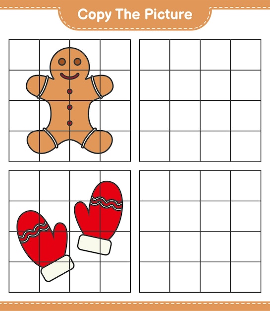 그림을 복사하고 격자 선을 사용하여 Gingerbread Man과 Mitten의 그림을 복사합니다. 교육용 어린이 게임, 인쇄 가능한 워크 시트