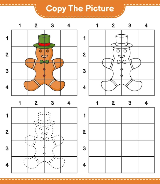 그림을 복사하고 격자선을 사용하여 Gingerbread Man의 그림을 복사합니다. 교육 어린이 게임, 인쇄용 워크시트, 벡터 일러스트 레이 션