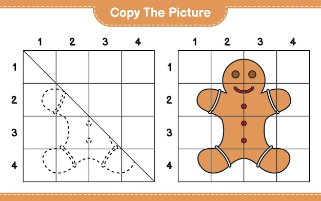 그림을 복사하고 격자 선을 사용하여 Gingerbread Man의 그림을 복사합니다. 교육용 어린이 게임, 인쇄 가능한 워크 시트