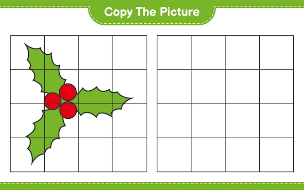 Copy the picture, copy the picture of Holly Berries using grid lines. Educational children game, printable worksheet