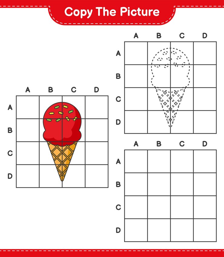 वेक्टर copy the picture, copy the picture of ice cream using grid lines. educational children game, printable worksheet, vector illustration
