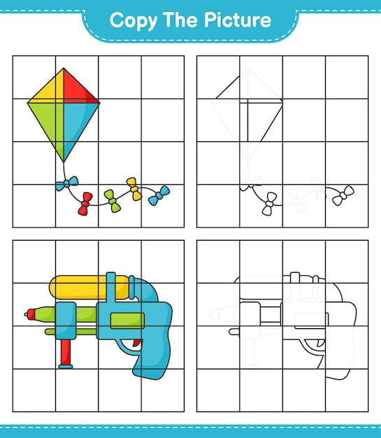 Скопируйте изображение, скопируйте изображение воздушного змея и водяного пистолета, используя линии сетки. Образовательная детская игра для печати на векторной иллюстрации листа.