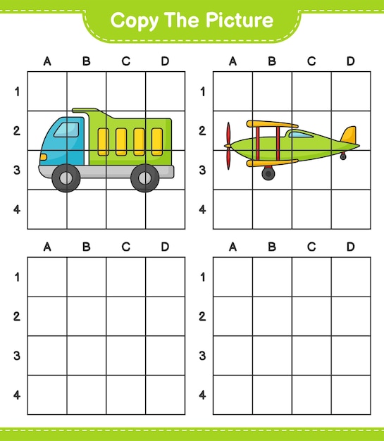 Copy the picture copy the picture of Lorry and Plane using grid lines Educational children game printable worksheet vector illustration