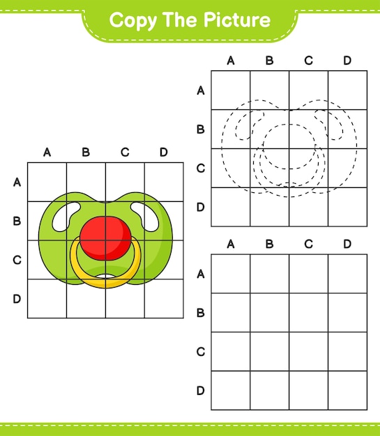 Скопируйте изображение, скопируйте изображение соски, используя линии сетки. Образовательная игра для детей. Векторная иллюстрация листа для печати.