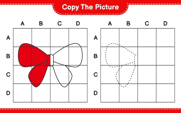 画像をコピーし、グリッド線を使用してリボンの画像をコピーします。教育的な子供向けゲーム、印刷可能なワークシート