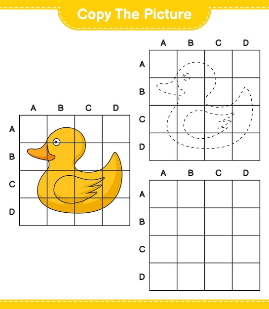 Copia l'immagine copia l'immagine di rubber duck utilizzando le linee della griglia gioco educativo per bambini foglio di lavoro stampabile illustrazione vettoriale