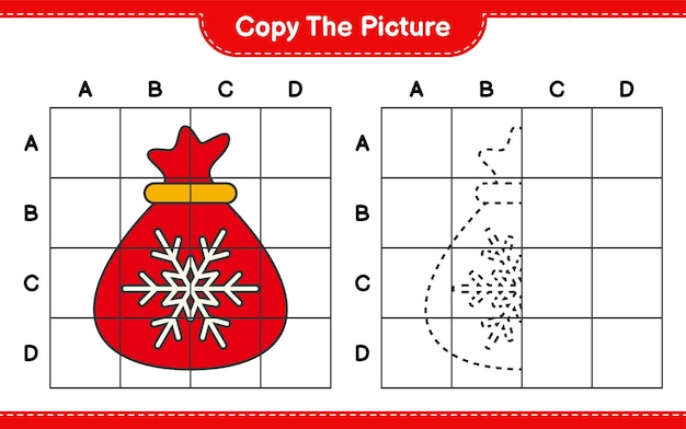 Copy the picture, copy the picture of santa claus bag using grid lines. educational children game, printable worksheet