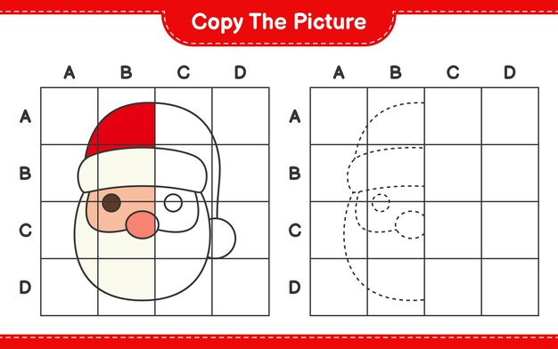 그림을 복사하고 격자 선을 사용하여 산타 클로스의 그림을 복사하십시오. 교육용 어린이 게임, 인쇄 가능한 워크 시트
