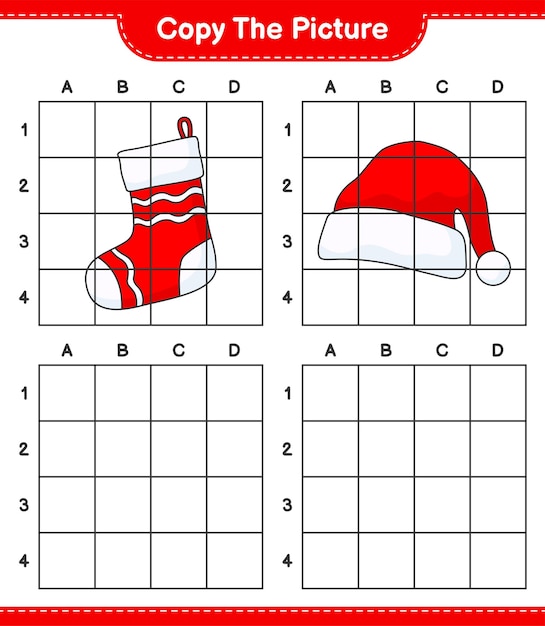 Скопируйте изображение, скопируйте изображение шляпы Санта-Клауса и рождественского носка, используя линии сетки