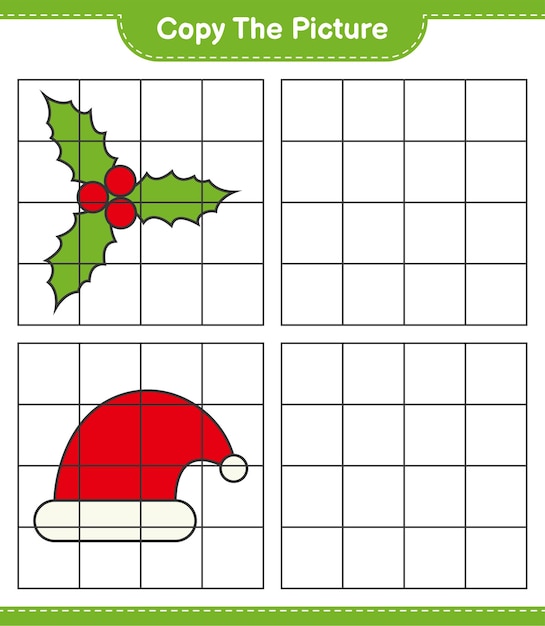 Copia l'immagine, copia l'immagine di santa hat e holly berries usando le linee della griglia. gioco educativo per bambini, foglio di lavoro stampabile