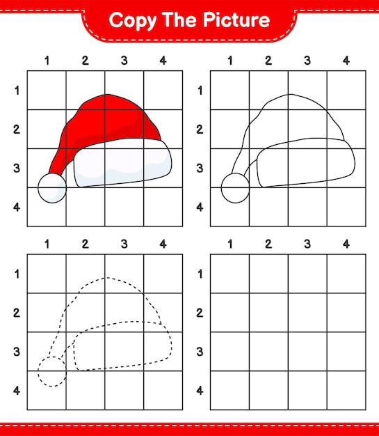 Copia l'immagine, copia l'immagine di santa hat usando le linee della griglia. gioco educativo per bambini, foglio di lavoro stampabile, illustrazione vettoriale