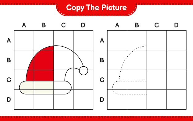 写真をコピーし、グリッド線を使用してサンタ帽子の写真をコピーします。教育的な子供向けゲーム、印刷可能なワークシート