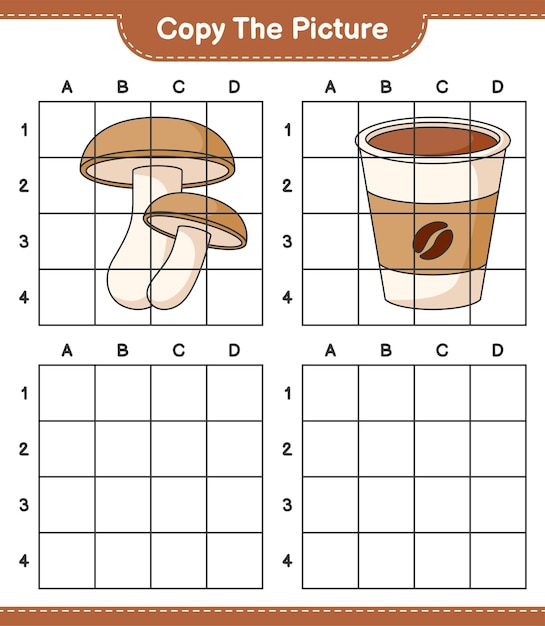 Copy the picture copy the picture of Shiitake and Coffee Cup using grid lines Educational children game printable worksheet vector illustration