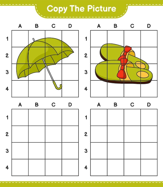 Copy the picture copy the picture of Slippers and Umbrella using grid lines Educational children game printable worksheet vector illustration