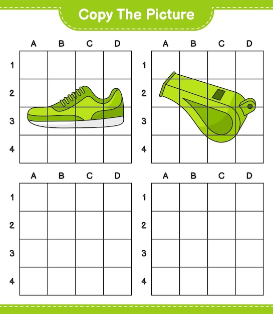 Copy the picture, copy the picture of Sneaker and Whistle using grid lines. Educational children game, printable worksheet, vector illustration