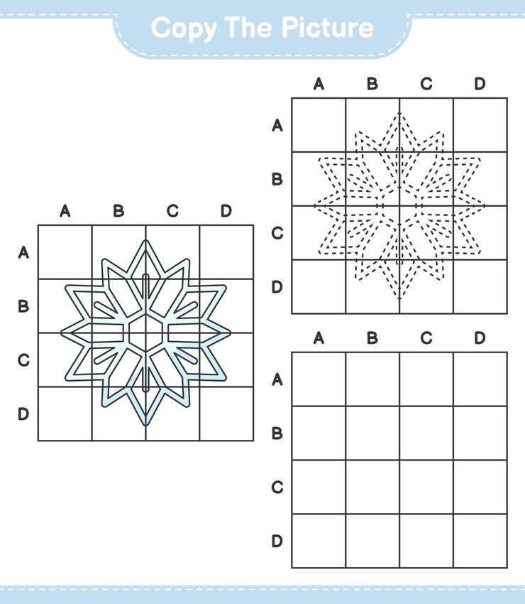 वेक्टर copy the picture, copy the picture of snowflake using grid lines. educational children game, printable worksheet, vector illustration