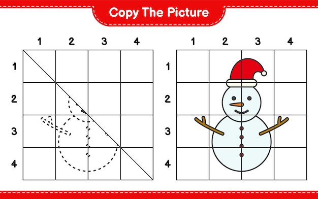 Copy the picture, copy the picture of Snowman using grid lines. Educational children game, printable worksheet