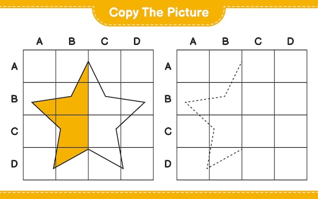 그림을 복사하고 격자 선을 사용하여 별 그림을 복사합니다. 교육용 어린이 게임, 인쇄 가능한 워크 시트