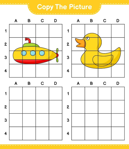 Copia l'immagine copia l'immagine del sottomarino e dell'anatra di gomma utilizzando le linee della griglia gioco educativo per bambini foglio di lavoro stampabile illustrazione vettoriale