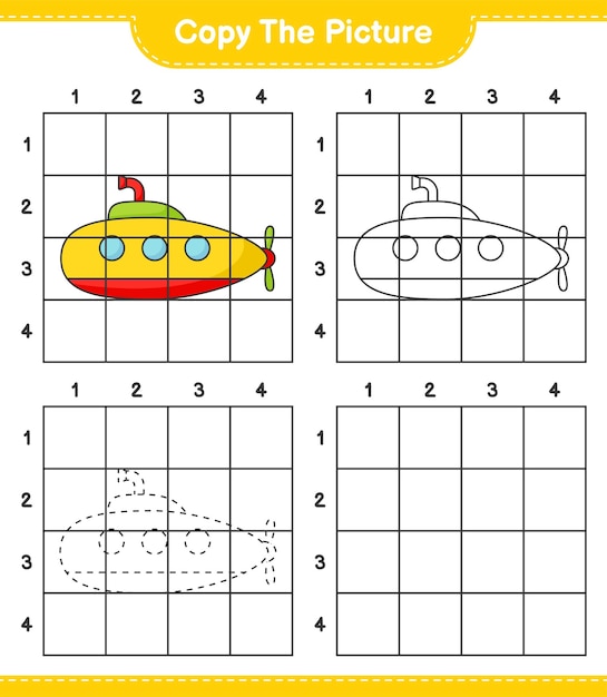 写真をコピーするグリッド線を使用して潜水艦の写真をコピーする教育的な子供向けゲーム印刷可能なワークシートベクトルイラスト