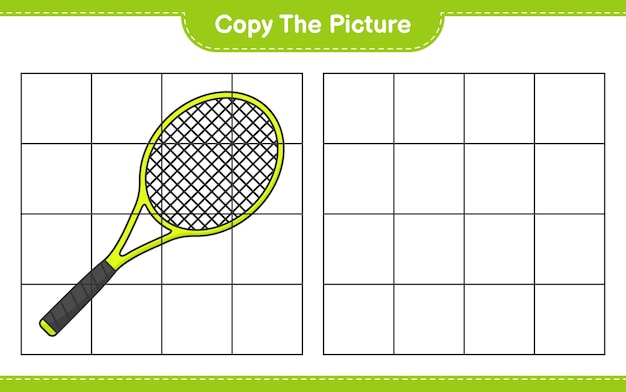 Скопируйте изображение, скопируйте изображение теннисной ракетки, используя линии сетки. Развивающая детская игра.
