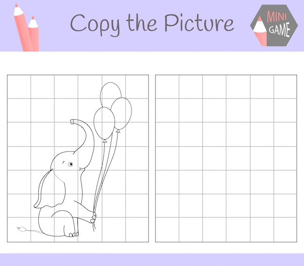 Copy the picture: cute elephant. Coloring book. Educational game for children.