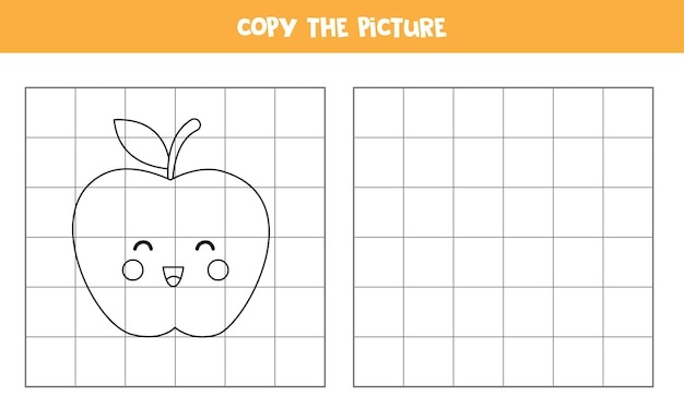 Copy the picture of cute kawaii apple. Educational game for kids. Handwriting practice.