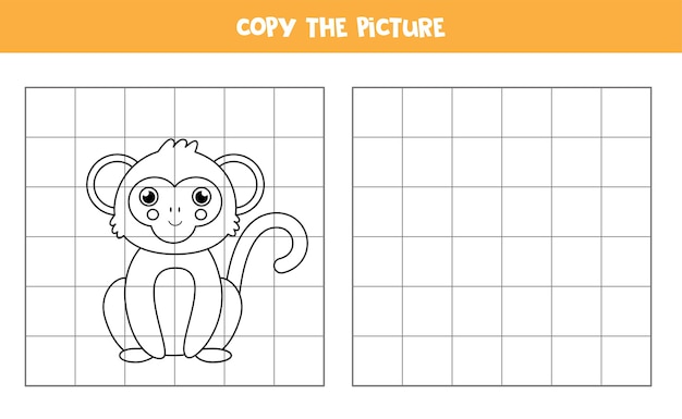 Copy the picture of cute monkey. Educational game for kids. Handwriting practice.