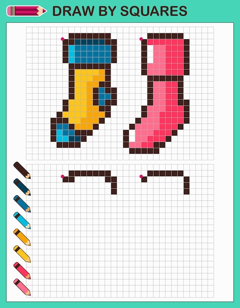 Copy the picture, draw by squares. game for children draw socks by cells with color palette.