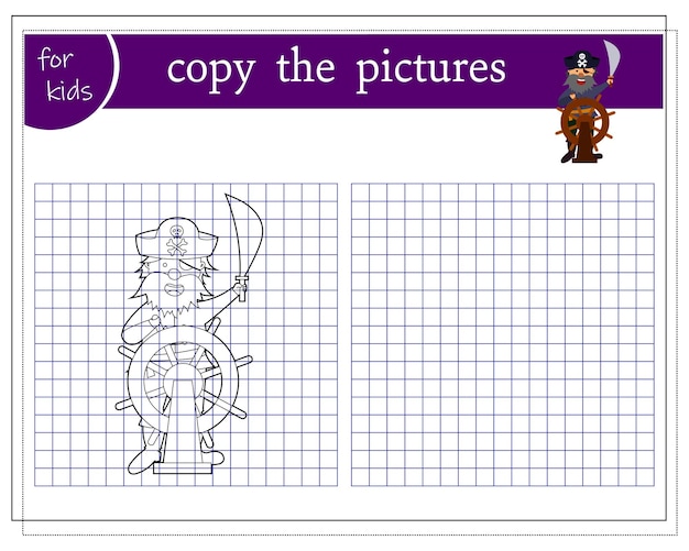 Copia l'immagine giochi educativi per bambini il pirata dei cartoni animati controlla il vettore della nave