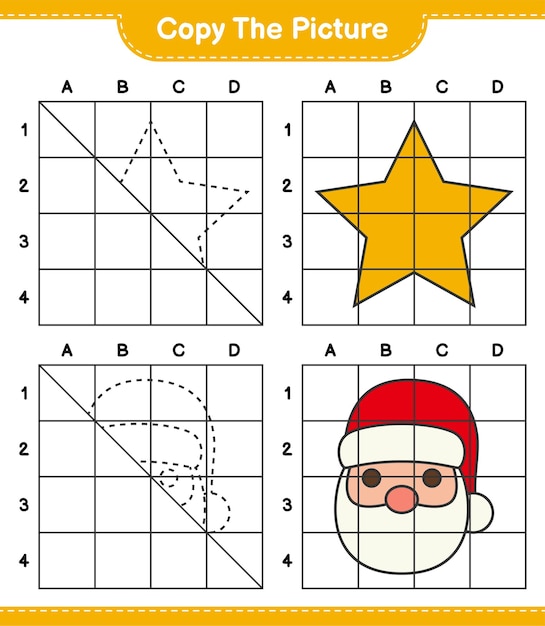 Copy the picture educational worksheet game of Stars and Santa Claus using grid lines