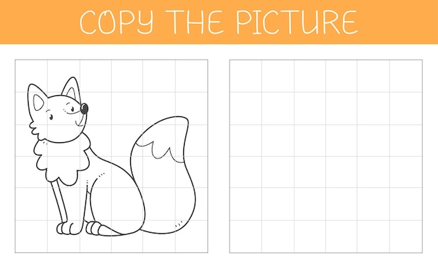 Copia l'immagine è un gioco educativo per bambini con una volpe libro da colorare di volpe simpatico personaggio dei cartoni animati