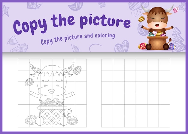 Copy the picture kids game and coloring page themed easter with a cute buffalo and bucket egg