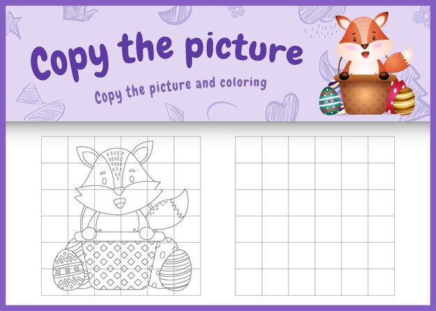 Vector copy the picture kids game and coloring page themed easter with a cute fox in bucket egg