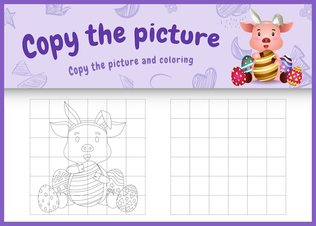 Copy the picture kids game and coloring page themed easter with a cute pig using bunny ears headbands hugging eggs