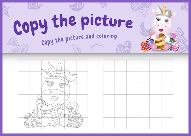 Copy the picture kids game and coloring page themed easter with a cute unicorn using bunny ears headbands hugging eggs