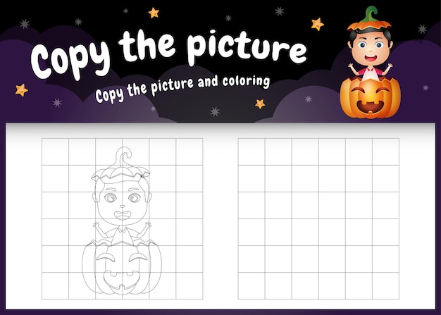 Copy the picture kids game and coloring page with a cute boy in the pumpkin