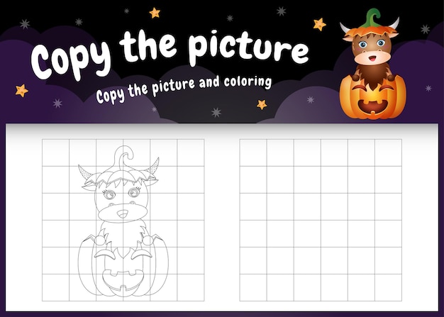 Copia l'immagine del gioco per bambini e la pagina da colorare con un simpatico bufalo nella zucca di halloween
