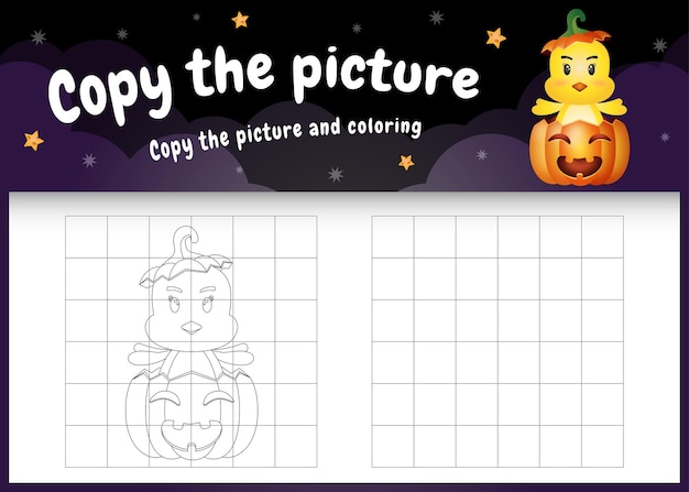 Copy the picture kids game and coloring page with a cute chick using halloween costume