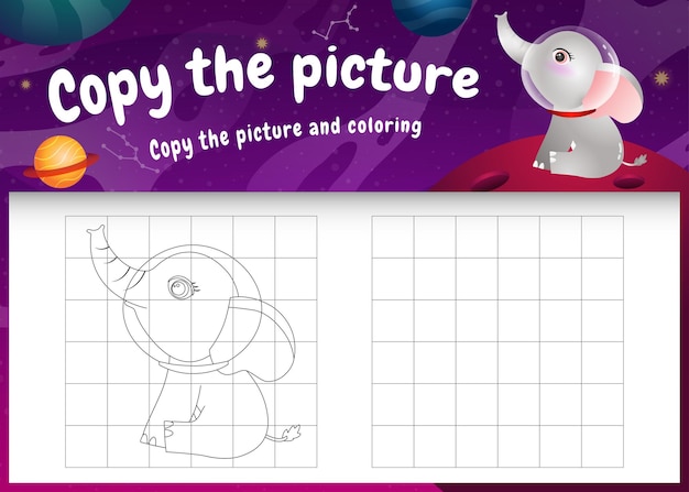 Copy the picture kids game and coloring page with a cute elephant in the space galaxy