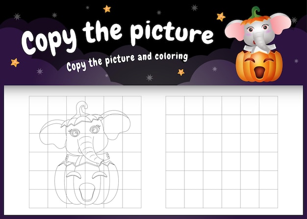 Copy the picture kids game and coloring page with a cute elephant using halloween costume