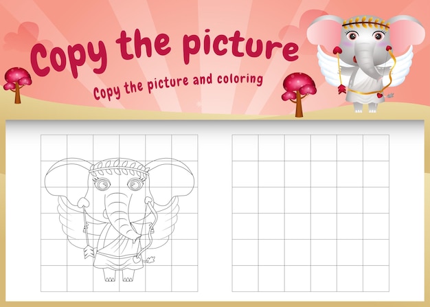 Copy the picture kids game and coloring page with a cute elephant using valentine costume