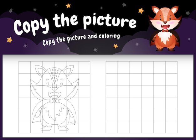 Copy the picture kids game and coloring page with a cute fox using halloween costume