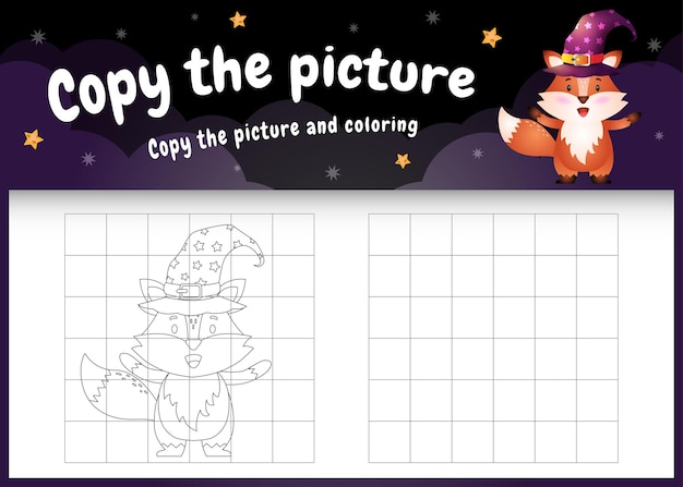 Copy the picture kids game and coloring page with a cute fox using halloween costume